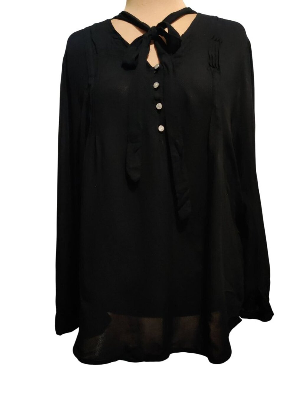 Faded Glory Blouse Sz XXL Black Sheer Tie Neck Button Front Long Sleeve Top Chic
